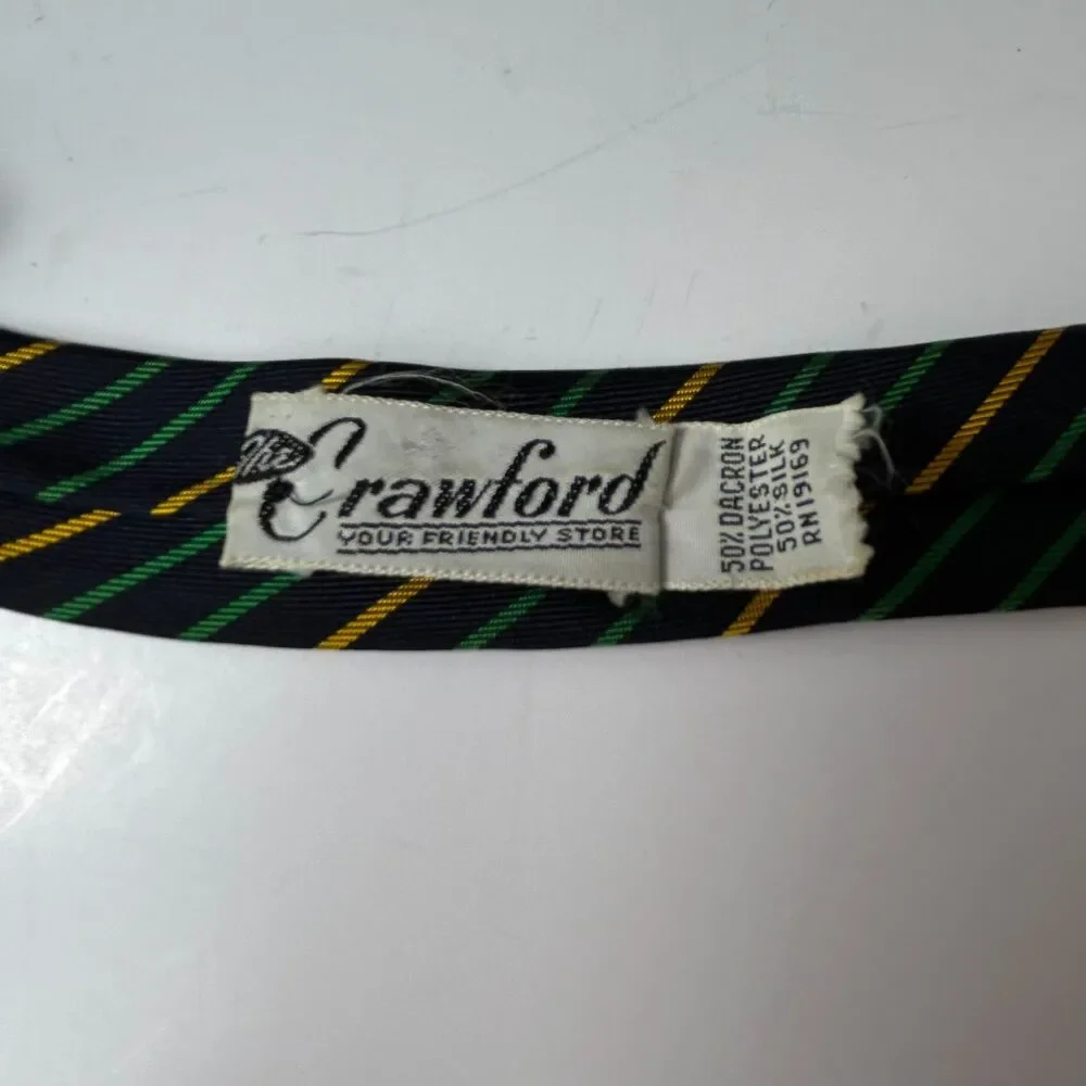 The Crawford Men's Navy Green Gold Diagonal Striped VTG 1960s Dakron/Silk Tie